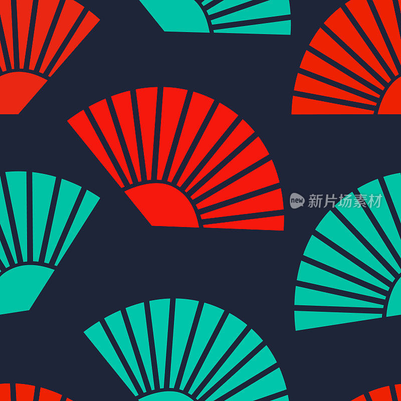 Seamless red and green fan pattern on dark blue background